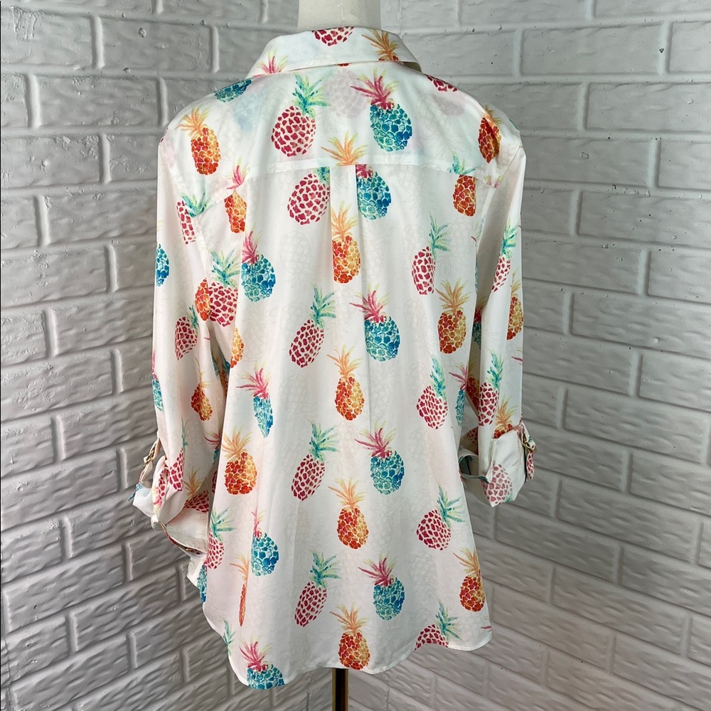 CHICO’S PINEAPPLE BUTTON UP NO IRON BLOUSE GOLD BUTTONS ROLL UP SLEEVES SZ 3 - Picture 7 of 11